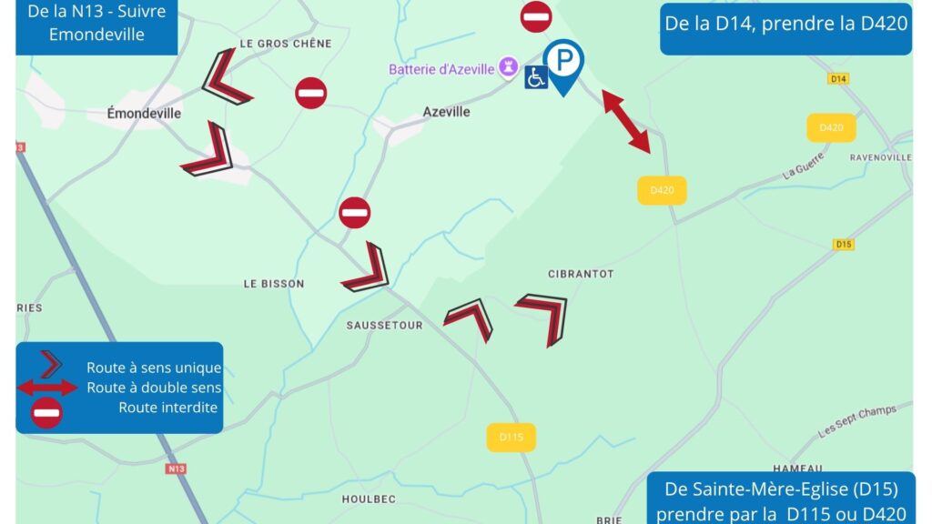 Map of traffic routes to access the parachute jump at the Azeville battery site