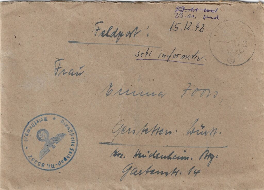 Lettre écrite en allemande, envoyée le 15.12.1942